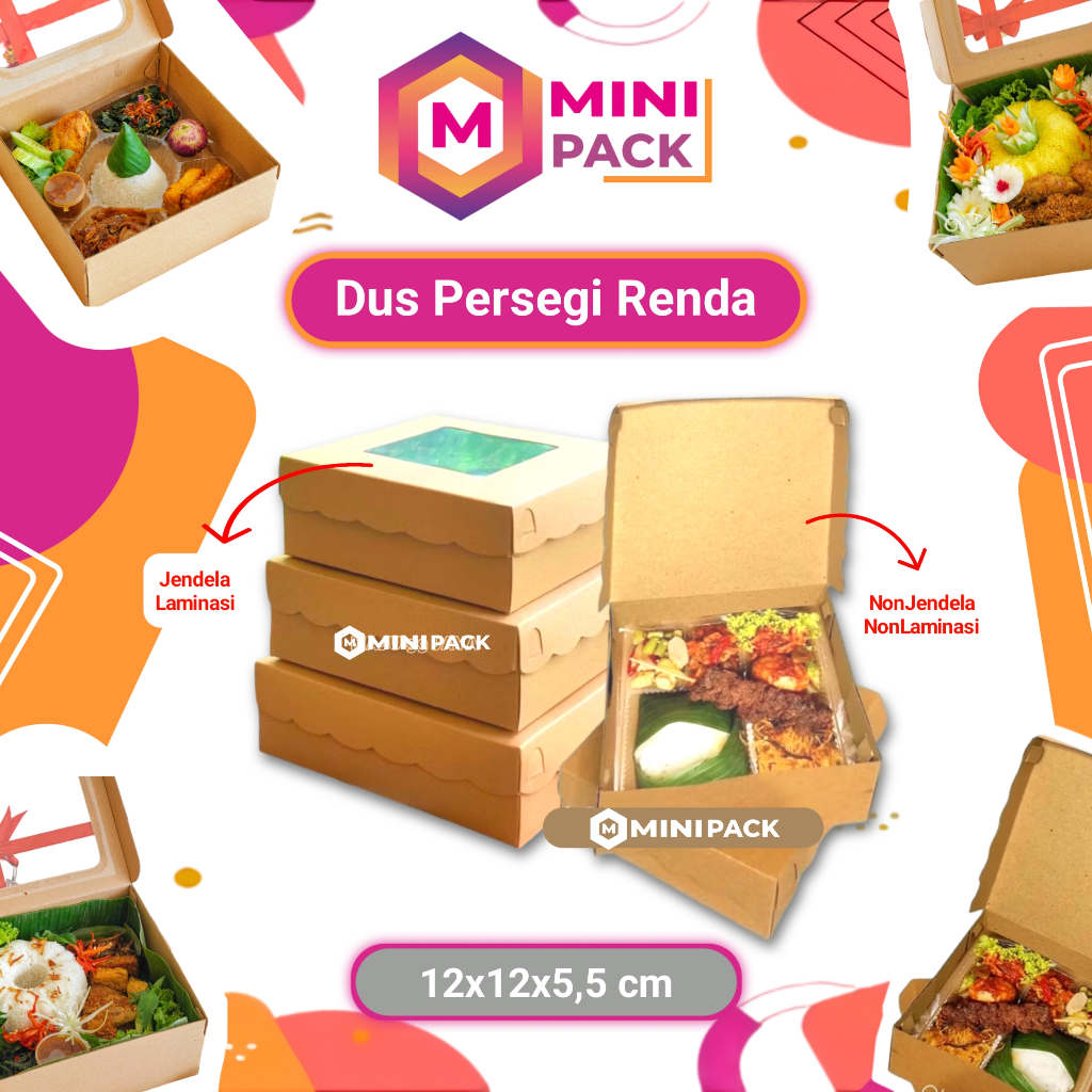 Box Kardus Kotak Dus Nasi Kraft Coklat Polos Renda Jendela Tanpa Jendela Persegi Laminasi 12x12x5 12