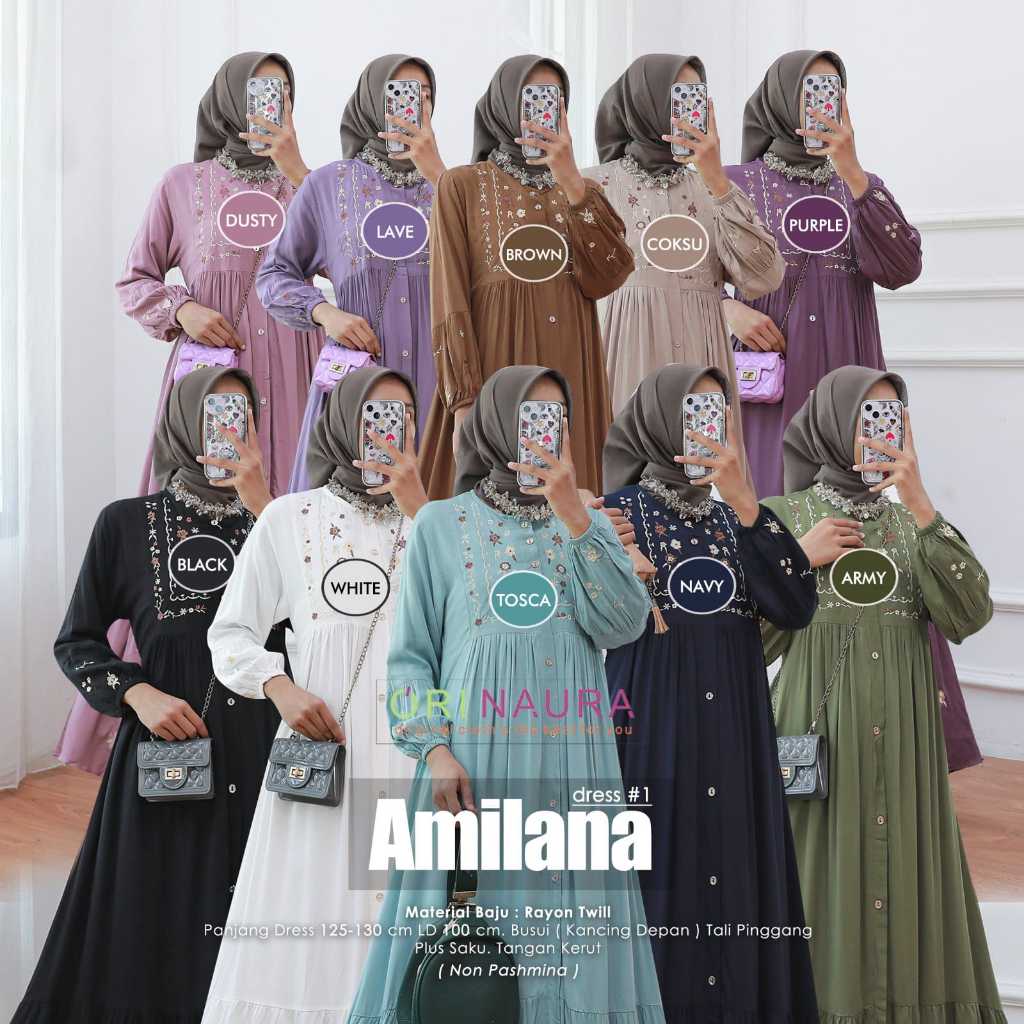 Amilana Dress #1 Rayon Twill LD 100 Busui Friendly Gamis Premium Bordir Tangan Kerut Kekinian
