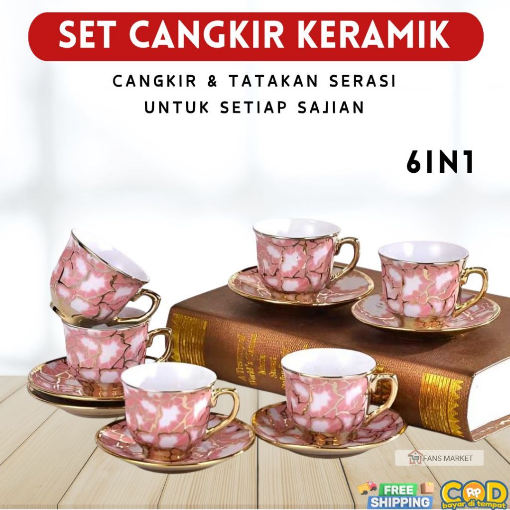 Fans Market Cangkir Keramik Set 6in1 Cocok untuk Gift Kado Souvenir Material Tahan Lama Desain Minim