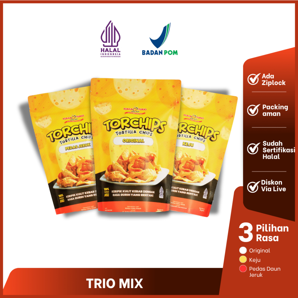 TORCHIPS MIX- Keripik Tortila Kebab TRIO MIX Rasa Original, Keju, dan Pedas Daun Jeruk by Kebab Turk