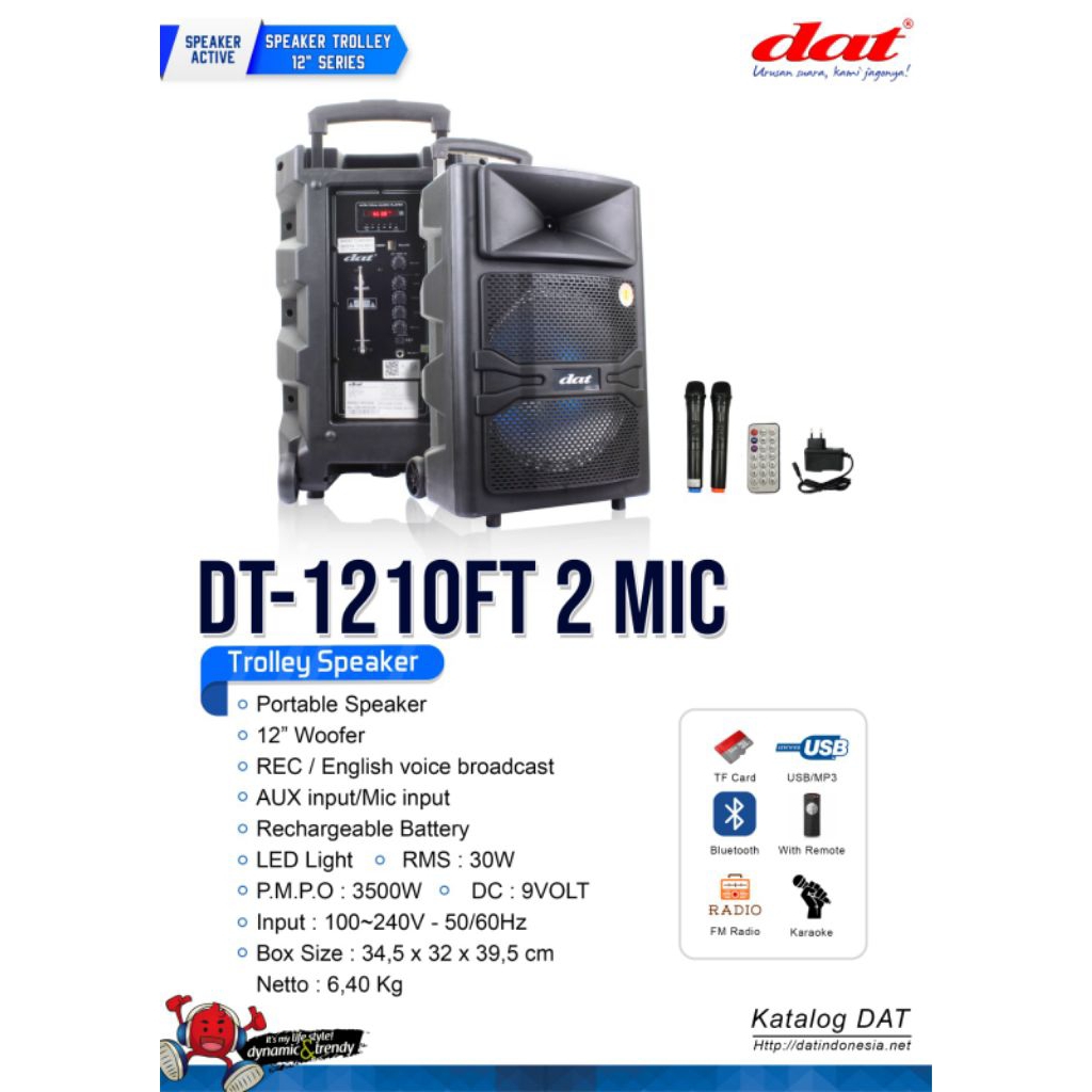 DAT Speaker DT-1210FT – Trolley Speaker 12”, Bluetooth, USB/SD, FM Radio, 2 Mic Wireless + Remote