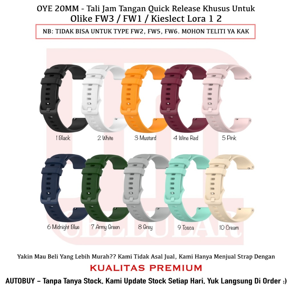 OYE Tali Jam Silikon 20mm Untuk Smartwatch Olike FW3 / FW1/ Kieslect Lora 1 2 - Strap Rubber Lentur 