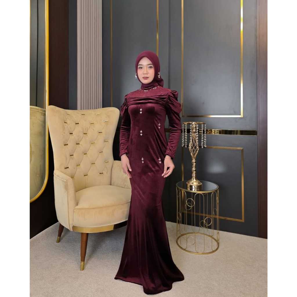 Saderra Dress Malaysia Silk Premium Bridesmaid Plus Payet Baju Gamis Warna Burgandy Mahogany Tren 20