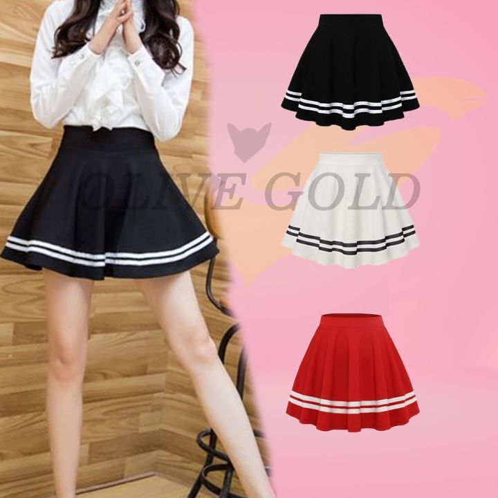 Rok Mini Korea Rok Pendek Jepang Rok Hitam Putih Merah Scuba Garis List Kasual Olahraga