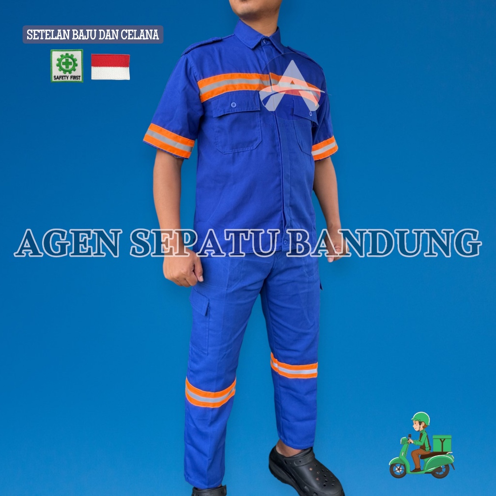 GROSIR SETELAN Wearpack Safety Kemeja Lengan Pendek Lis Oren / Seragam Baju kemeja Safety Kerja Proy