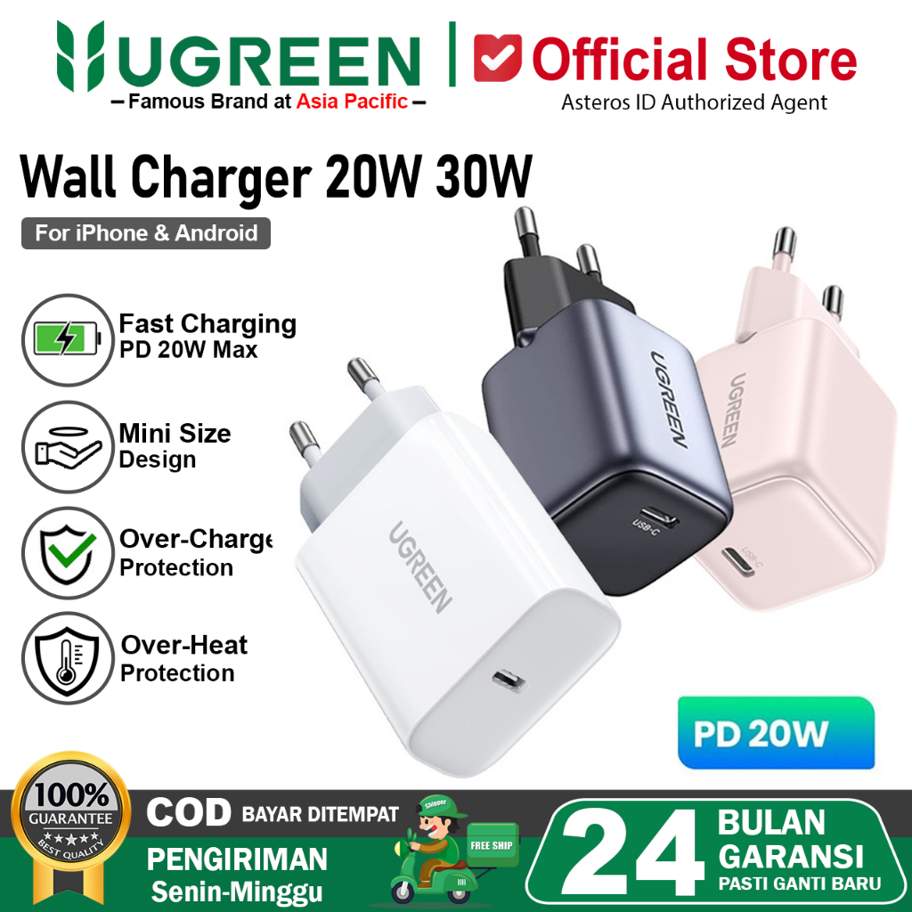 UGREEN Adaptor Kepala Charger iPhone 17 16 15 14 13 12 11 Type C PD Fast Charging 20W 30W 45W