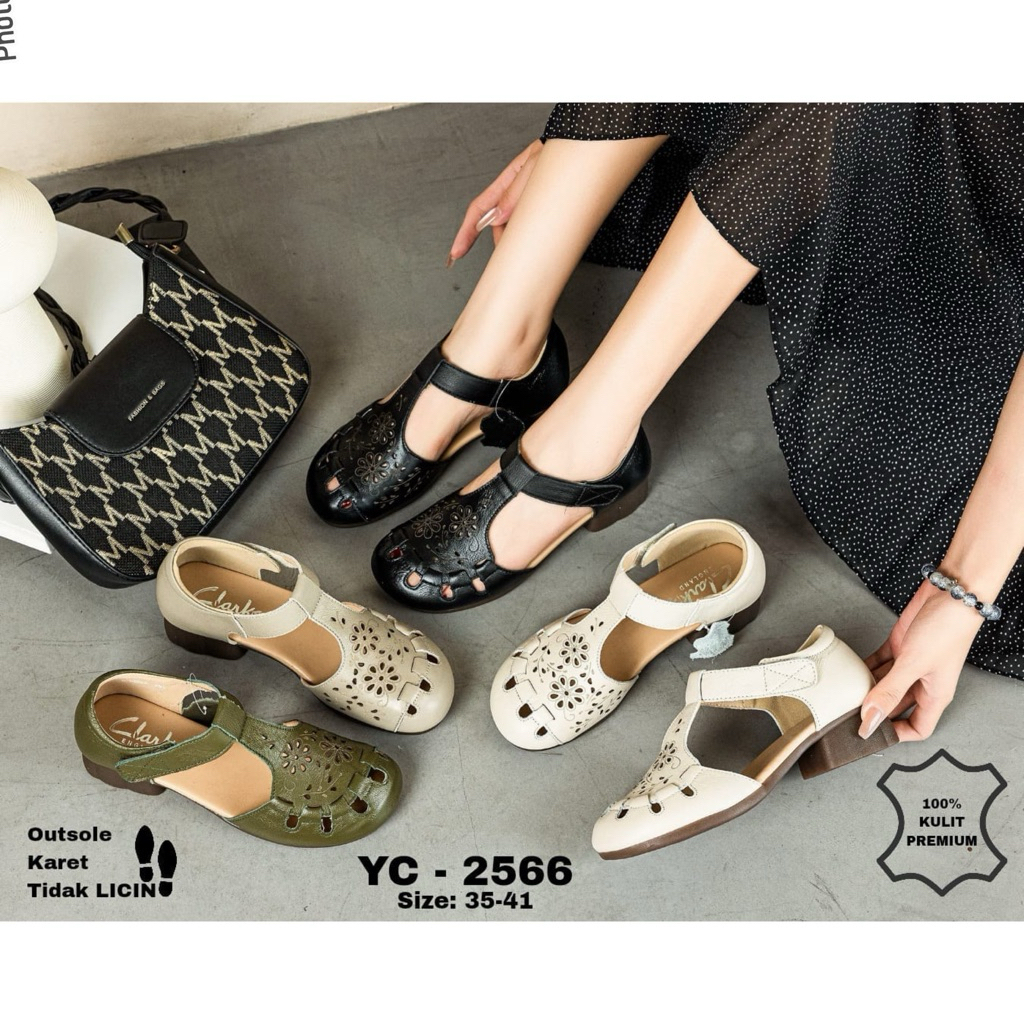 TERMURAH Sepatu Clarks YC-2566 Strap Block Heels 3,5cm / Clark / Sepatu sendal wanita import / Leath
