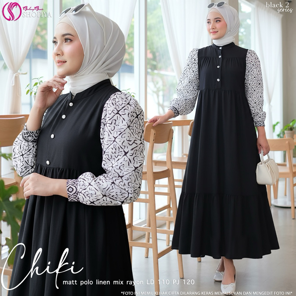 [Vican] Shofiya - Chiki Midi Dress Gamis Polo Linen Polos Kombinasi Rayon Busui Original