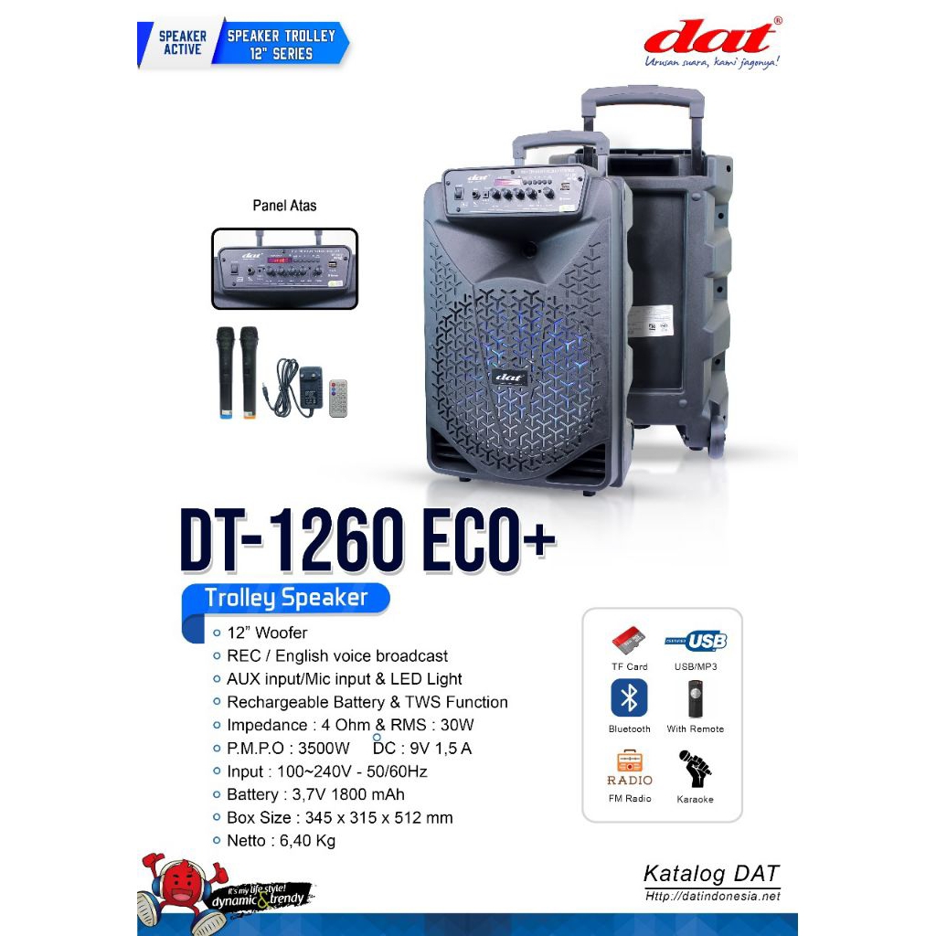 DAT Speaker DT-1260 - Bluetooth Karaoke Speaker 12" 150W, USB/SD, FM Radio, 2 Mic Wireless + Remote