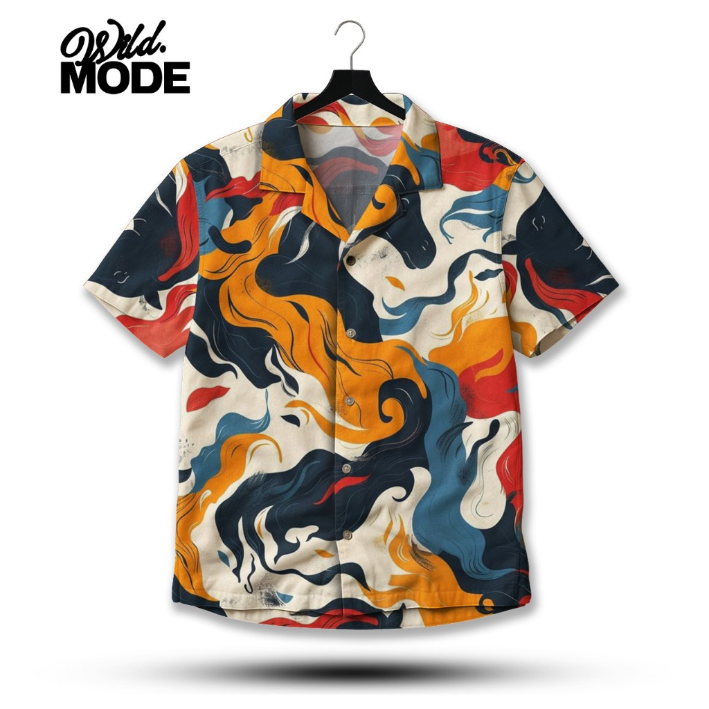 WILD Kemeja Full Print Abstrak Liquid Art Oranye Biru Merah – Desain Urban Modern | WD-617