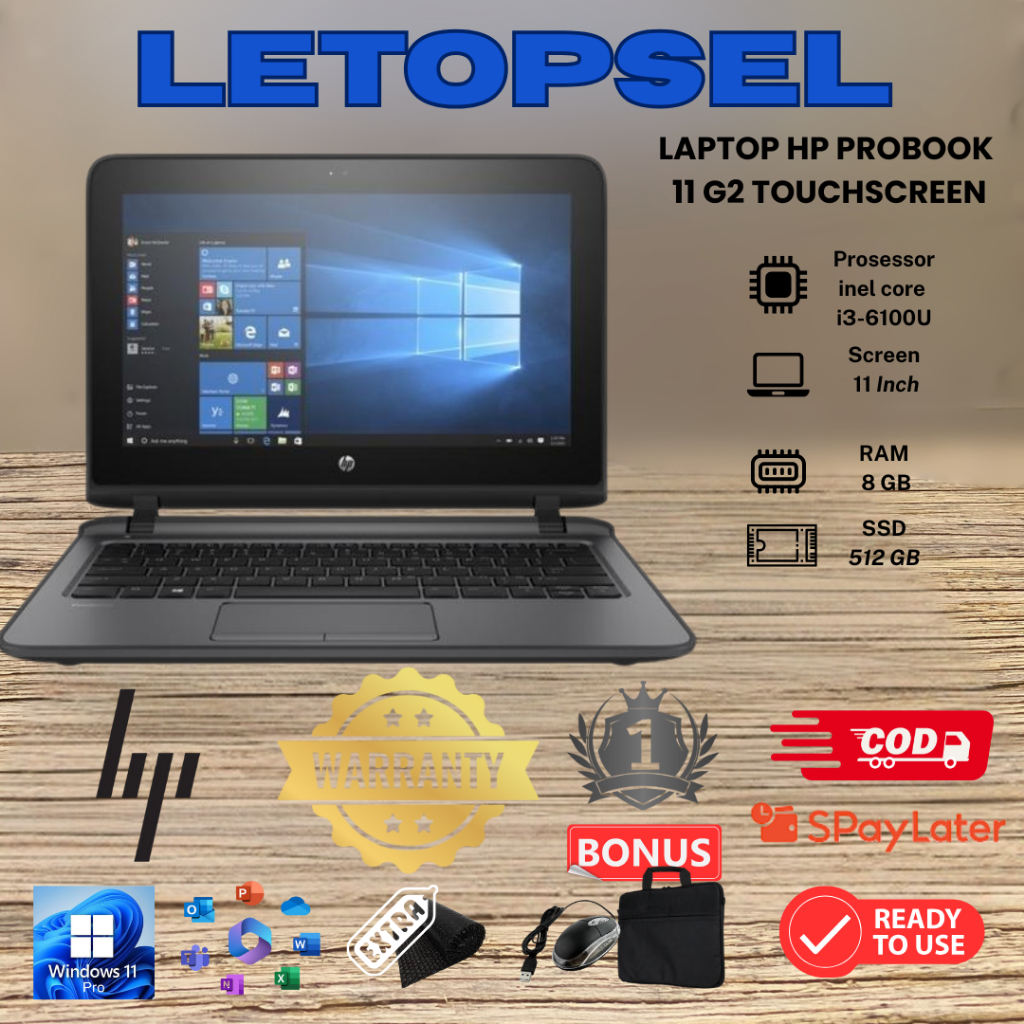 TERMURAH LAPTOP HP PROBOOK 11 G2 TOUCHSCREEN CORE i3 GEN 6 /RAM 8GB/512GB/BONUS TAS LAPTOP & MOUSE