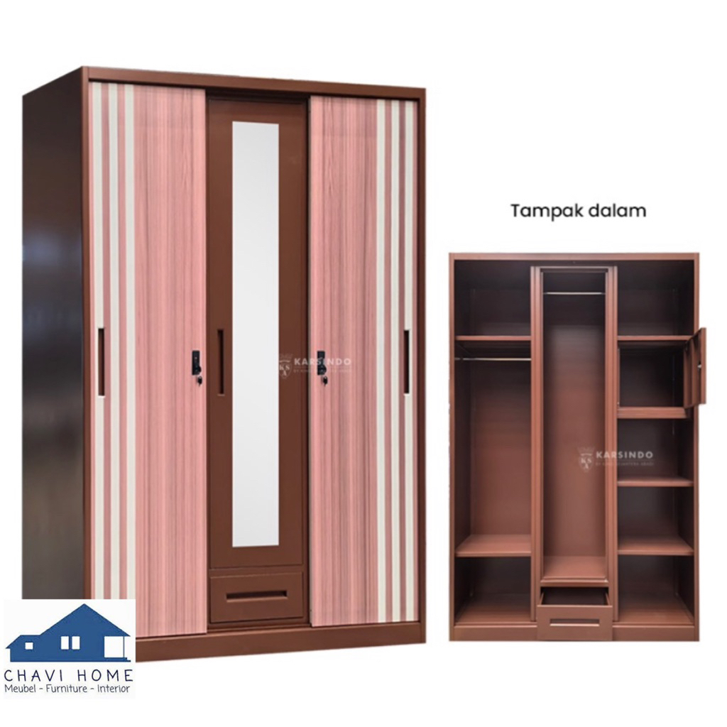 lemari pakaian besi lemari baju besi 3 pintu dengan laci luar 120cm