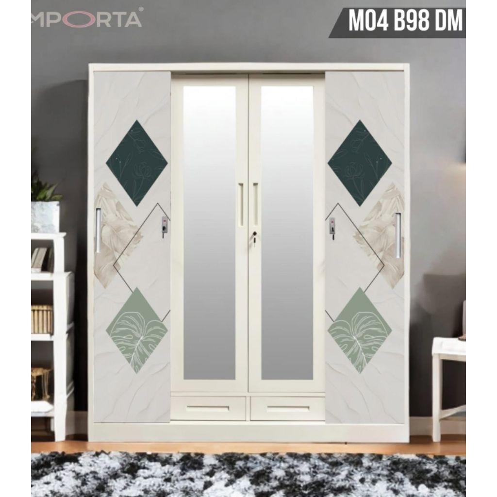 LEMARI PAKAIAN BESI 4 PINTU SLIDING+KACA MERK IMPORTA