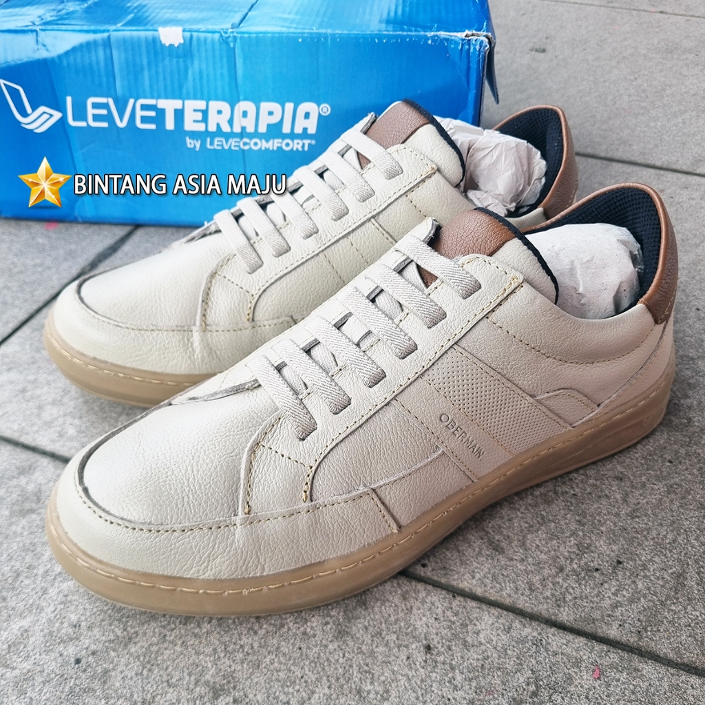SEPATU KASUAL OBERMAIN PRIA ORIGINAL SNEAKER SLIP ON KULIT ASLI COKLAT CREAM OM3