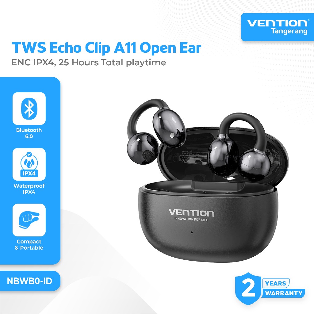 Vention TWS Echo Clip A11 True Wireless On Open Ear Bluetooth 6.0 ENC IPX 4 Earphones Earbuds 25 Hou