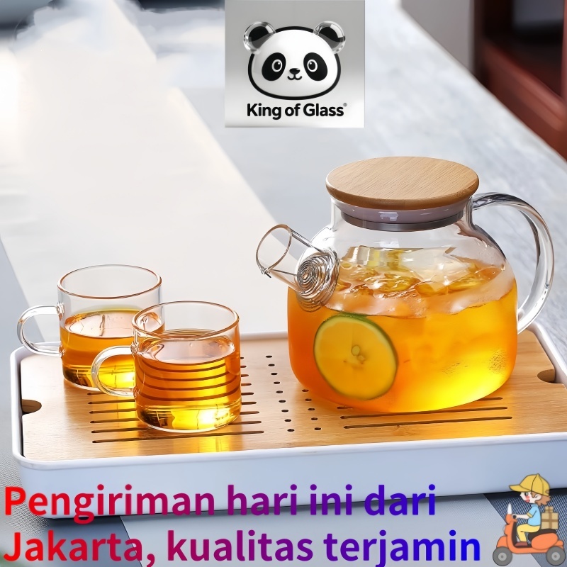Teapot Teko Teh air panas kaca dengan tutup kayu anti panas High Borosilicate berkualitas tekko kaca