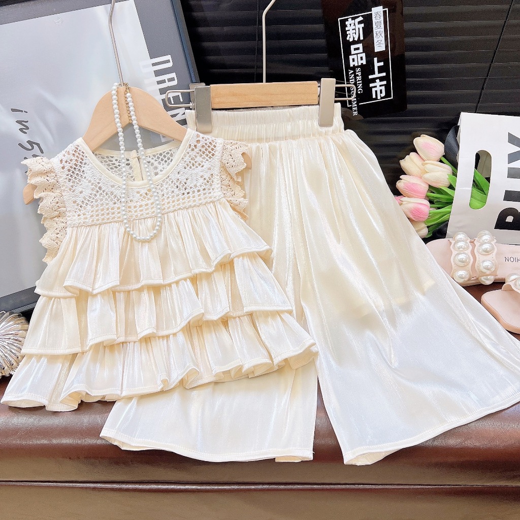 TWINKLE Setelan Anak Perempuan Motif Renda Susun Gaya Kemeja Celana Kaki Lebar Setelan Dua Potong