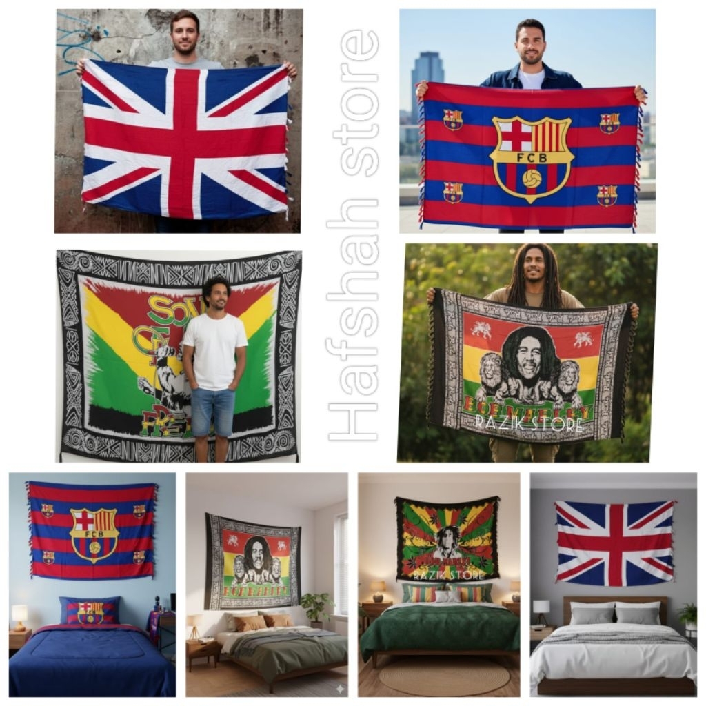 SPESIAL KAIN BALI MOTIF REGGAE DAN MOTIF BENDERA BOLA/BENDERA INGGRIS DAN BENDERA BARCA UNTUK PAJANG