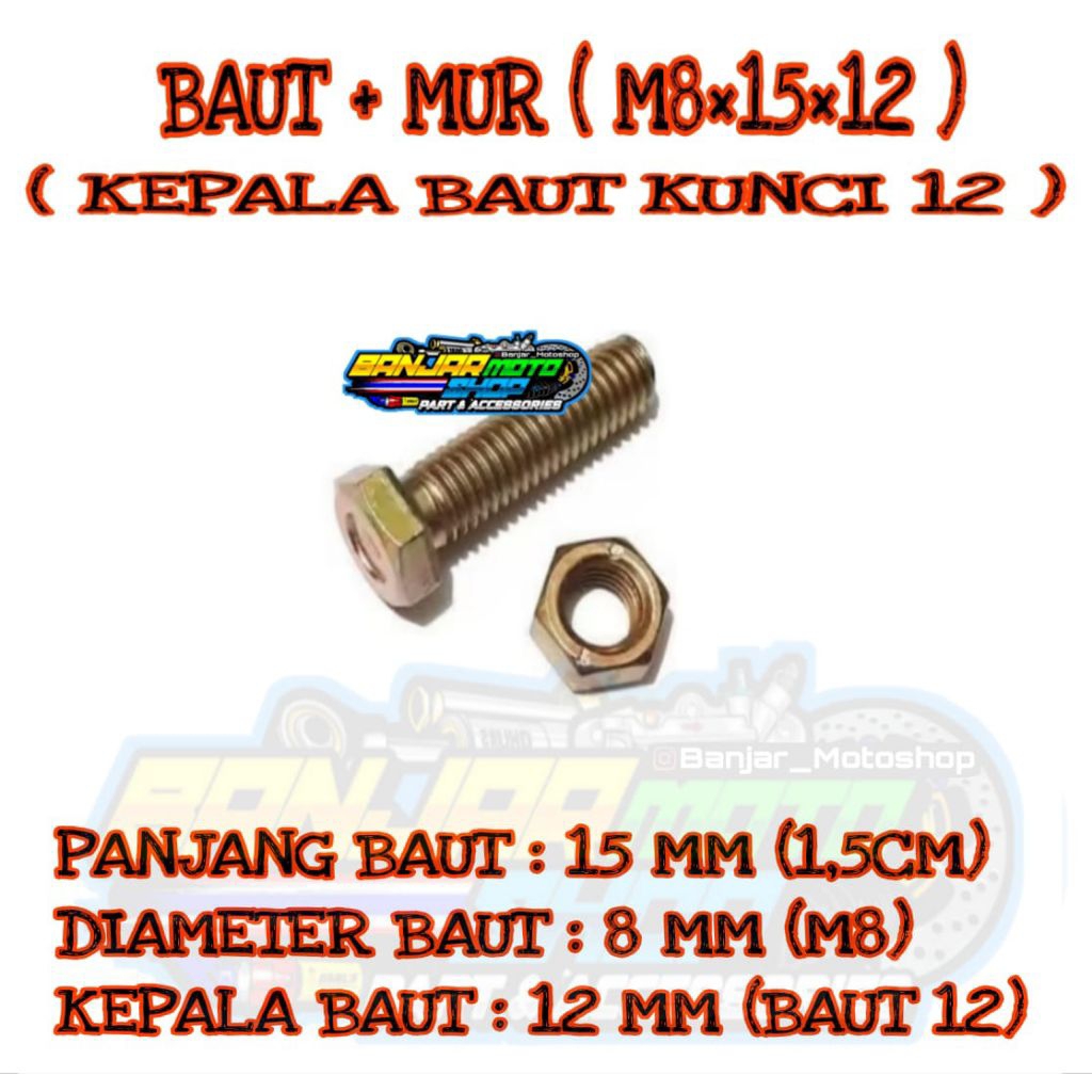 BAUT DAN MUR M8×15MM (KEPALA BAUT KUNCI 12) BAUT RAK BESI SIKU