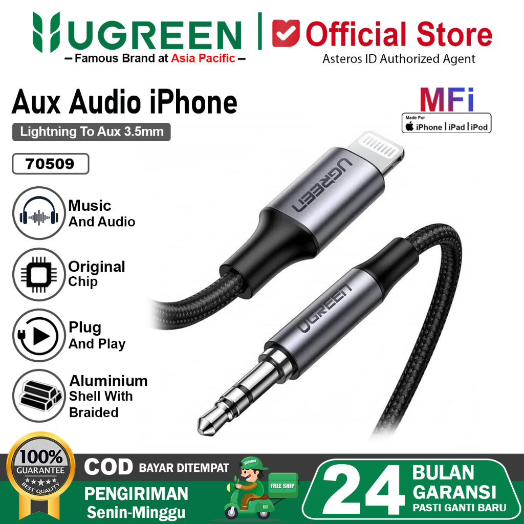 UGREEN Kabel Aux iPhone Lightning MFi to 3.5mm Audio Converter Support Open Mic 70509