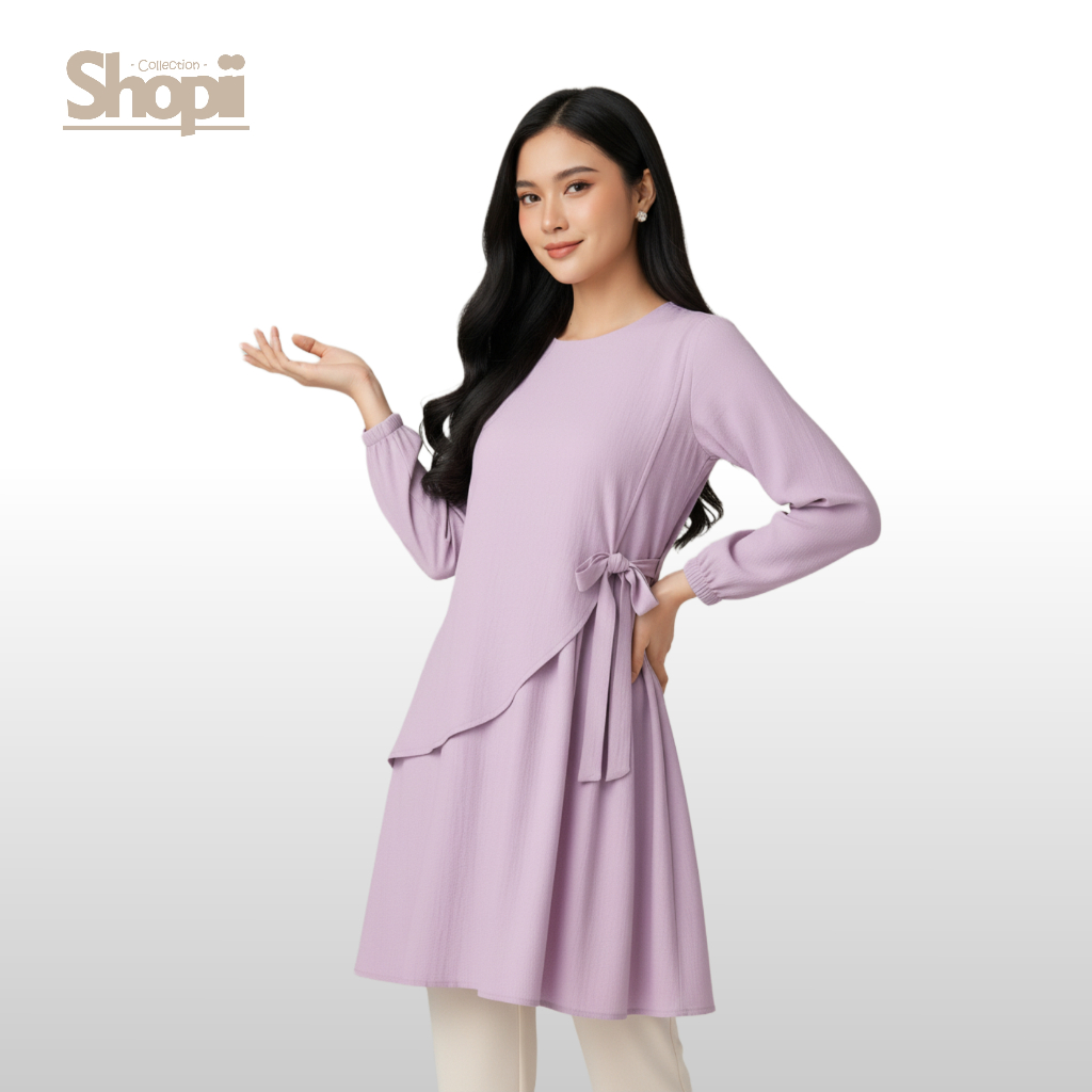 Shopii - Tunik Wanita Lengan Panjang Outer Blouse Atasan Muslimah Kekinian Asimetris Lilac Korean St