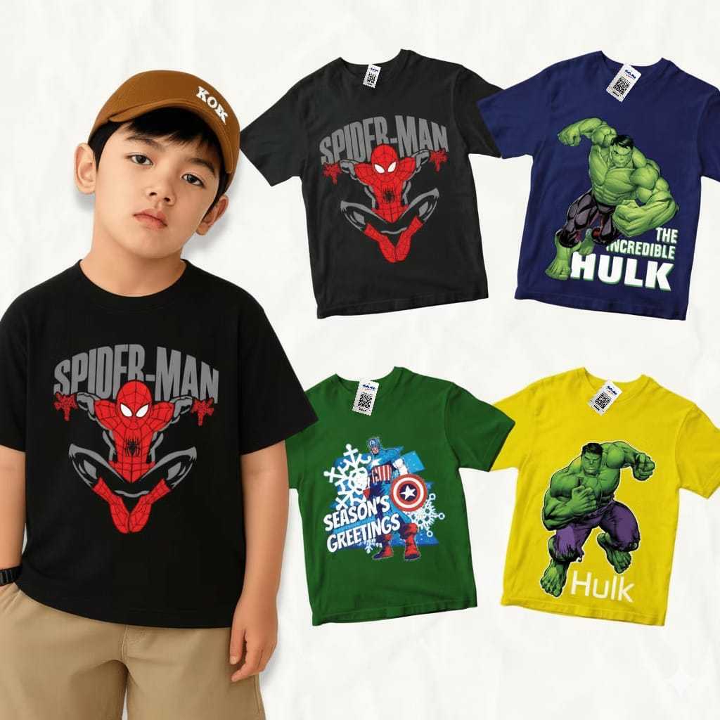 Baju Kaos Spiderman Anak Laki Laki - Kaos Distro Anak Karakter Superhero Cowok Keren 1-10 Tahun