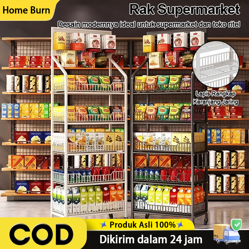 Rak Penyimpanan Besi Susun 3 4 5 Tingkat dengan Roda untuk Camilan Sayuran Multifungsi