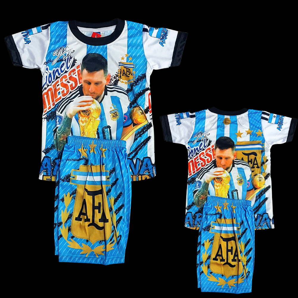 setelan baju bola anak printing argentina gambar messi/jersey baju kaos bola argentina messi umur 2-