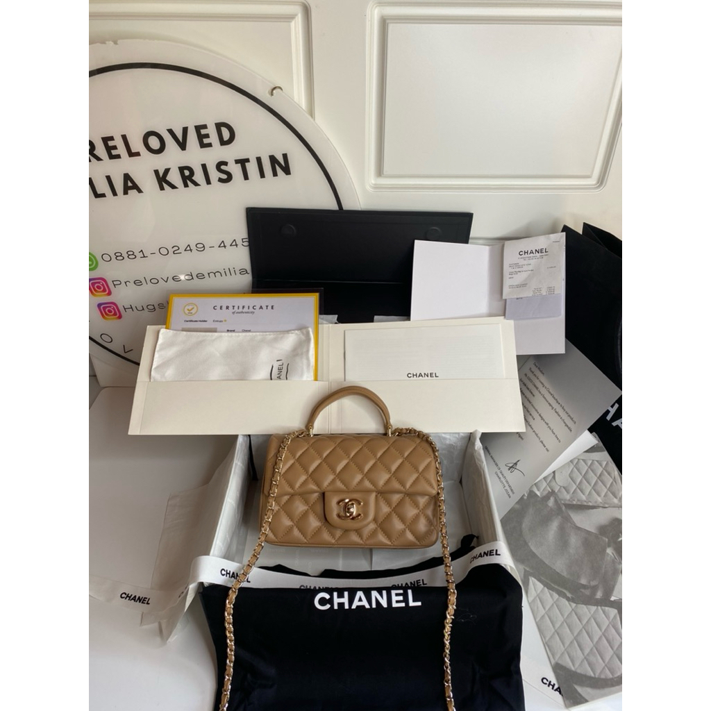 preloved mini rectangular top handle flap bag lambskin dark beige 20 cm authentic