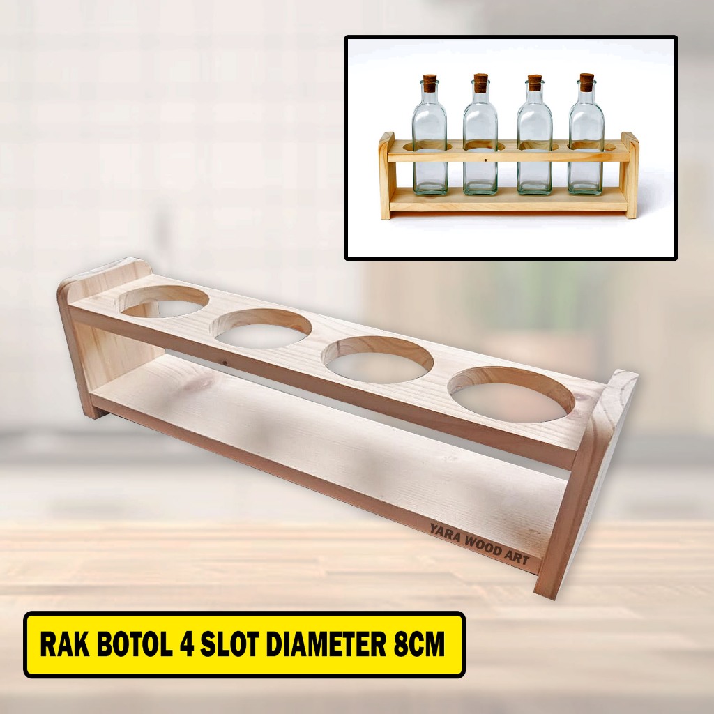 Rak Botol Kayu Jati Minimalis 4 Lubang 8cm / Rak Serbaguna Tempat Penyimpanan Botol sirup saus jamu