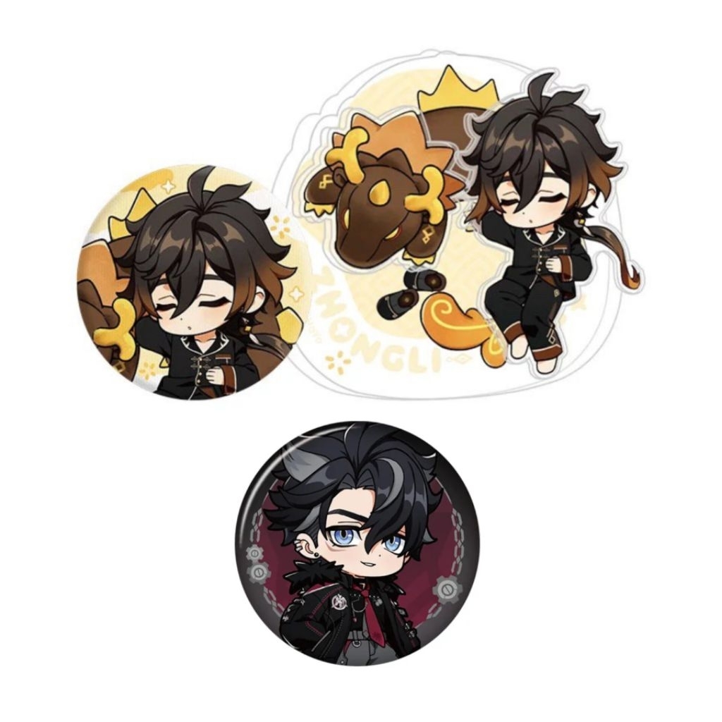 [READY] Genshin Impact Official - Zhongli Plush Badge, Zhongli Acrylic Shaker, Wriothesley Badge