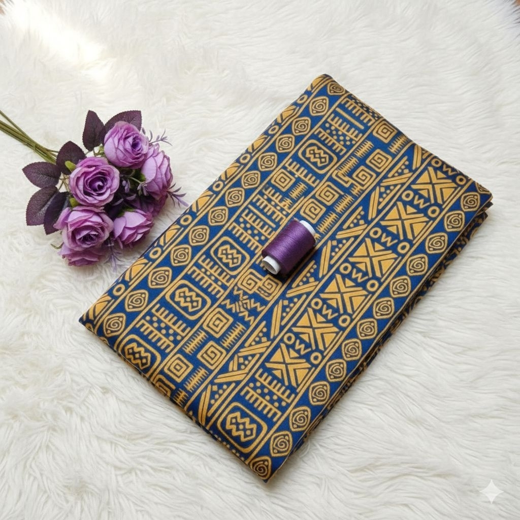 KAIN SATIN SILK MOTIF ETNIK TRIBAL PREMIUM / Warna Biru Kuning Gold / Bahan Gamis Dress Kemeja / Har