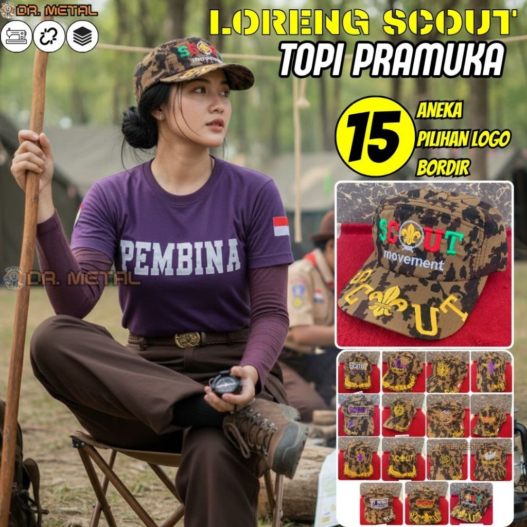 Topi lapangan pramuka loreng Seragam Pembina Bahan ripstok Tali Belakang strap rel Aneka Model Logo