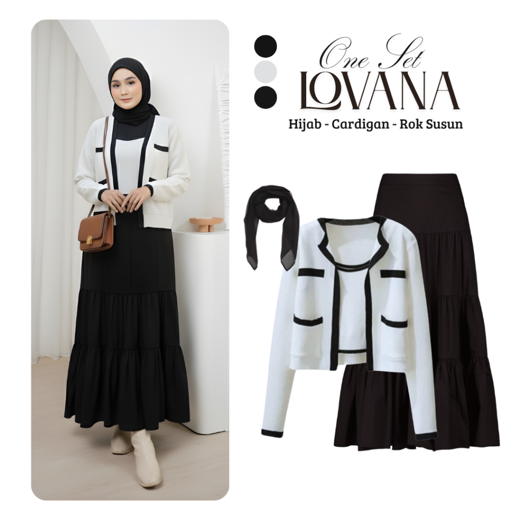 One Set Lovana Set 3 in1 Setelan Pakaian Wanita Kekinian | Cardigan Tanktop - Rok Susun - Hijab Bell