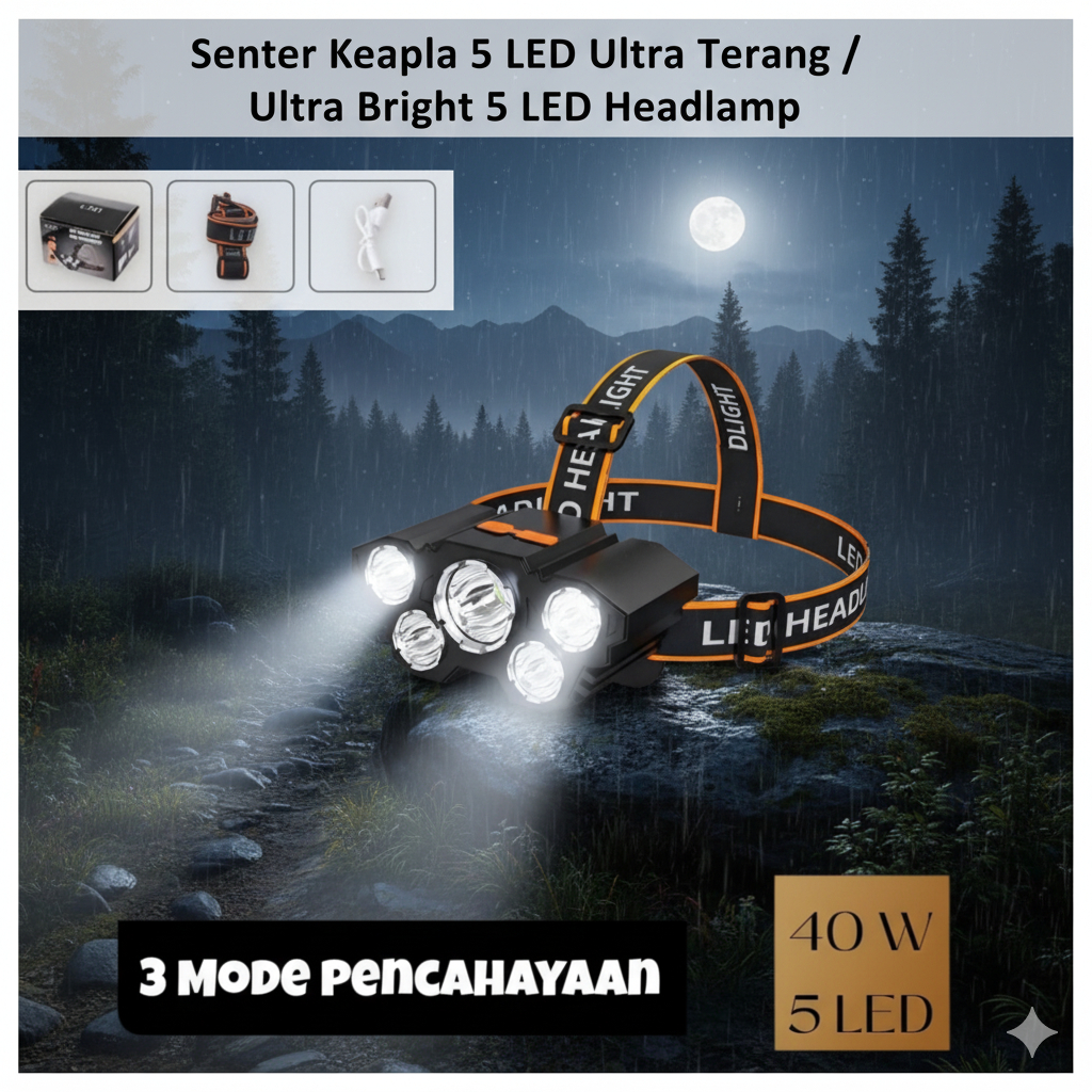 Senter Kepala 40 Watt L-T21 5 Led Rechargerable 4 Mode Cahaya Lampu Senter 50Watt