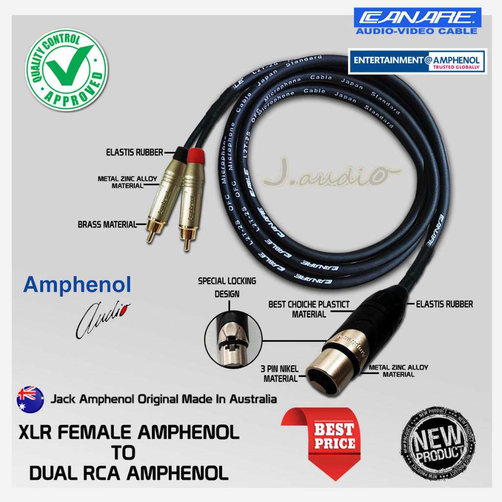 JAPAN STANDARD - Kabel audio / kabel sound profesional 1x XLR Female AMPHENOL PT-AX3F to 2x RCA AMPH