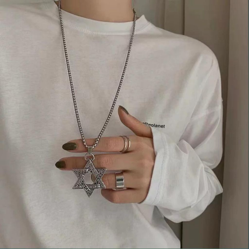 Kalung Titanium Liontin Bintang Heksagram / Kalung Pria Korea / Kalung Pria Keren / Kalung Stainless