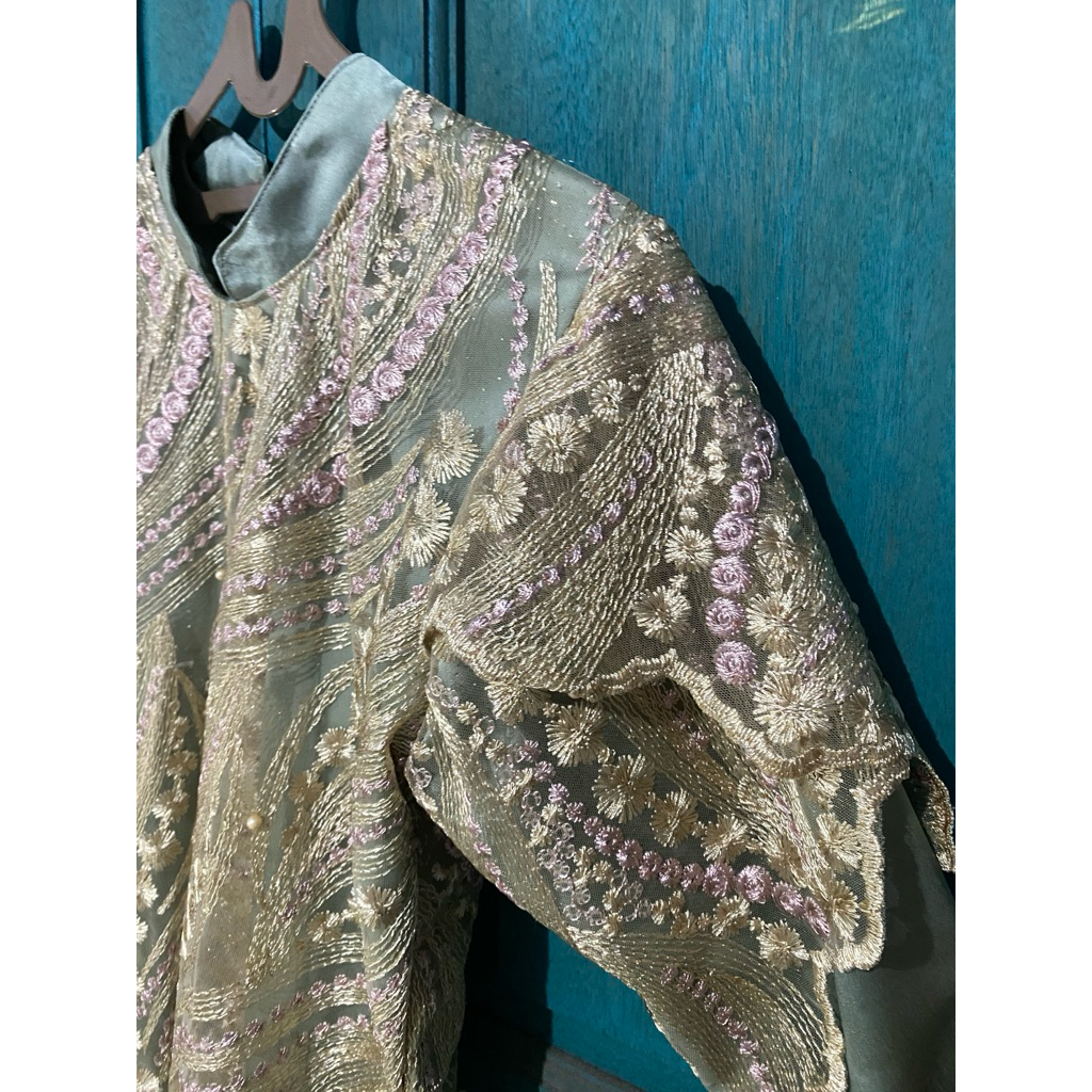 Long dress mix brukat silk sage green