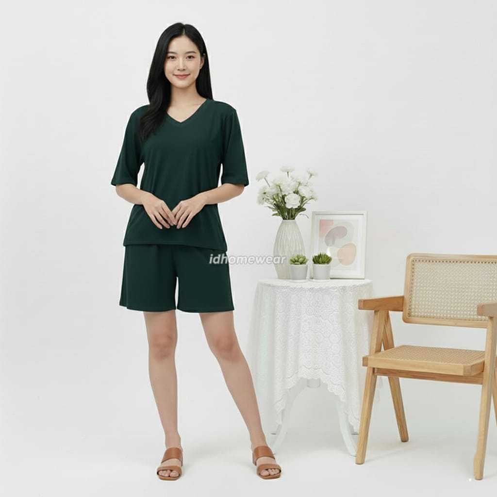 One Set Wanita Rayon Pendek V-Neck Setelan Baju Tidur Santai Rayon Premium V-Neck Tangan Pendek Cela