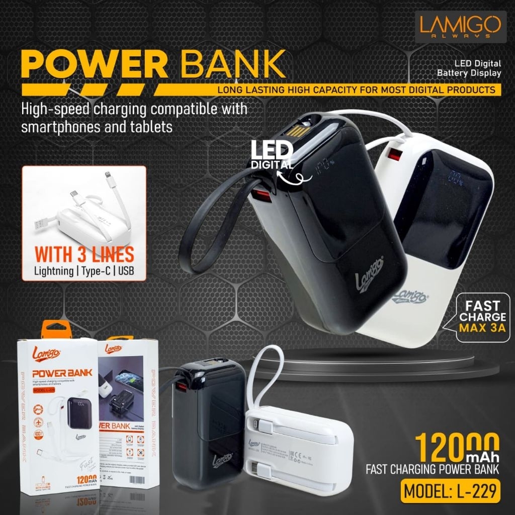Powerbank Lamigo 12000 mah L229 New PB Fast Charger include kabel Type C & Iphone Support Fast Vooc 