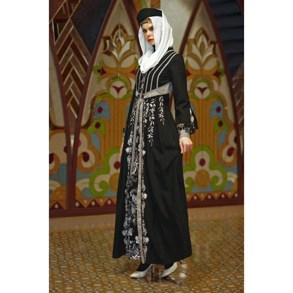 TUNEECA GAMIS NIGYAR GANJAVI T-1025005 (TUNEECA ARAMESH ) GAMIS MUSLIMAH HITAM BORDIR MEWAH PREMIUM 