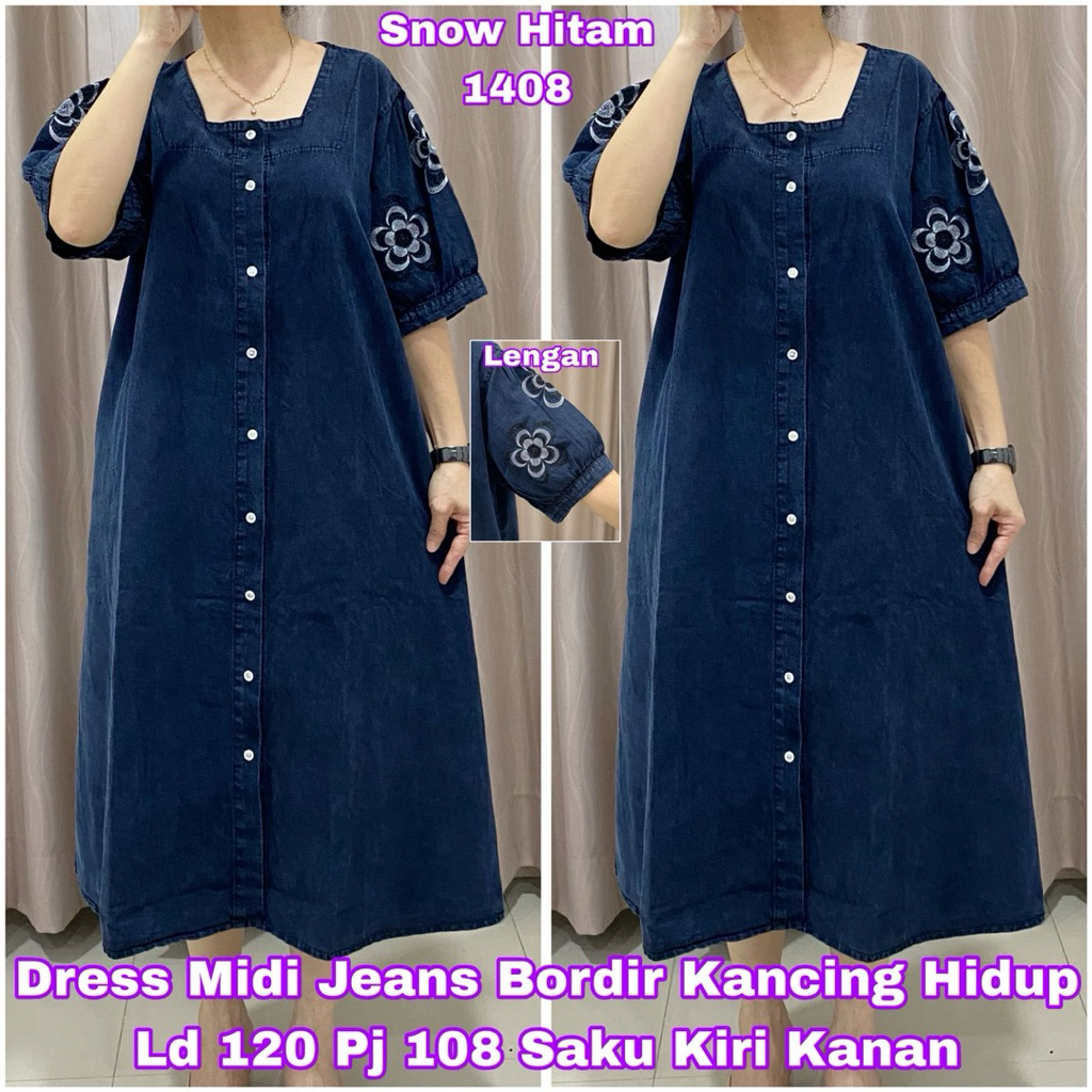 1408 DRESS JEANS KANCING LENGAN BORDIR BUNGA LD120 WANITA|MIDI DRESS