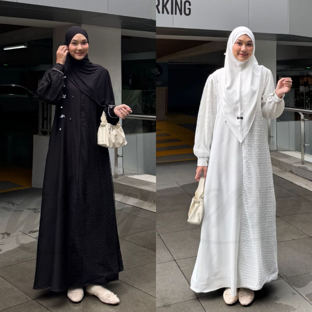 GIZA DRESS ABAYA BY ARSY HIJAB GAMIS HITAM PUTIH DRESS BRUKAT GAMIS PAYET GAMIS LEBARAN
