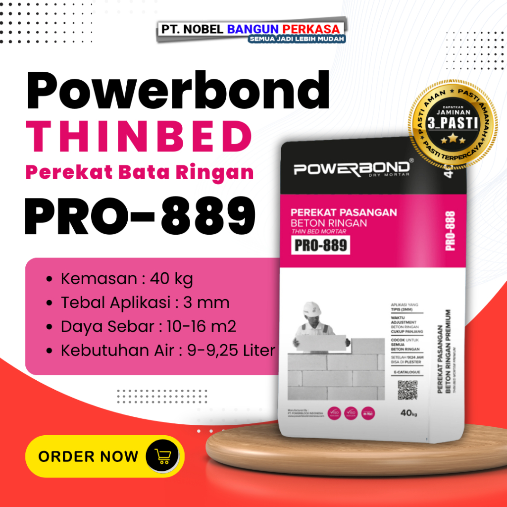 Semen Mortar Powerbond 889 Perekat Bata Ringan 40 Kg | Lem Hebel Semen Instan Berkualitas Jogja Slem
