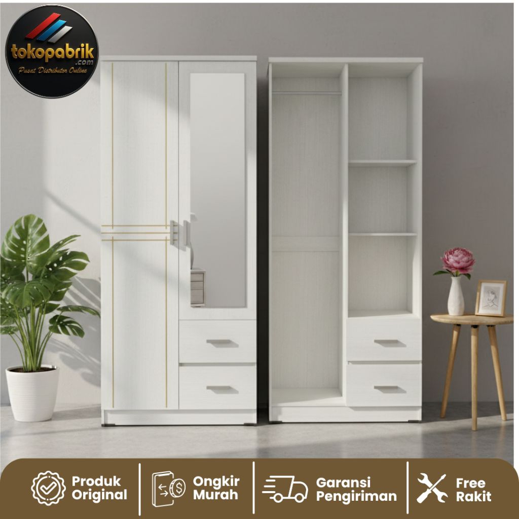 Lemari Pakaian 2 Pintu 2 Laci / Lemari Baju Putih Full Kaca Murah Bandung Cimahi Purwakarta Subang C