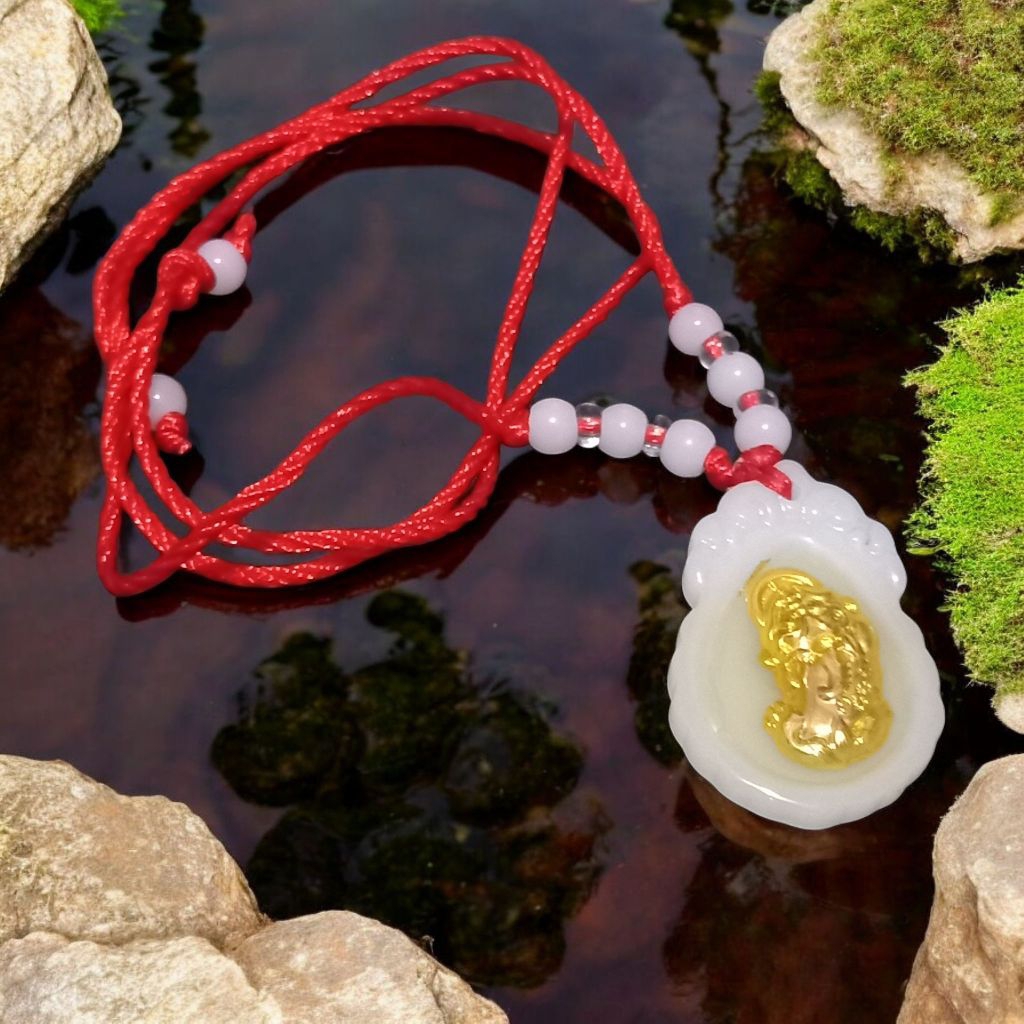 kalung liontin Tali Merah Pixiu Naga Piyao Emas Giok Putih