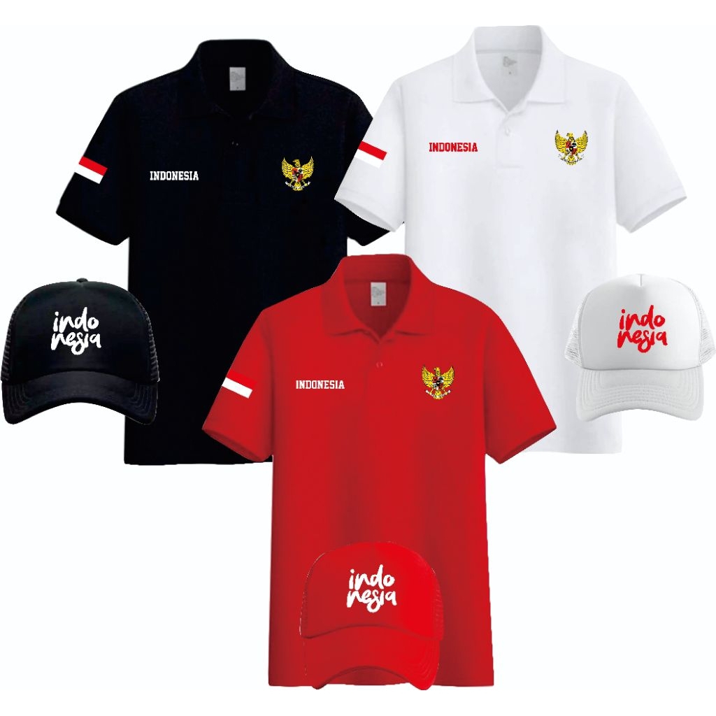 Kaos berkerah timnas Indonesia logo Garuda dan bendera merah putih Full sablon DTF free topi jaring