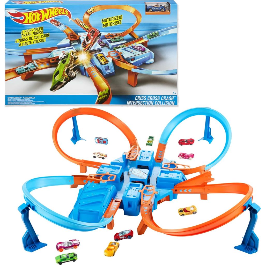 Hot Wheels Track Set with 1:64 Scale Toy Car, 4 Intersections for Crashing, Powered by a Motorized B
