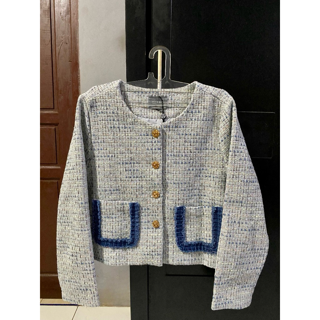 This Is April Pevita Tweed Blazer Outer Blue