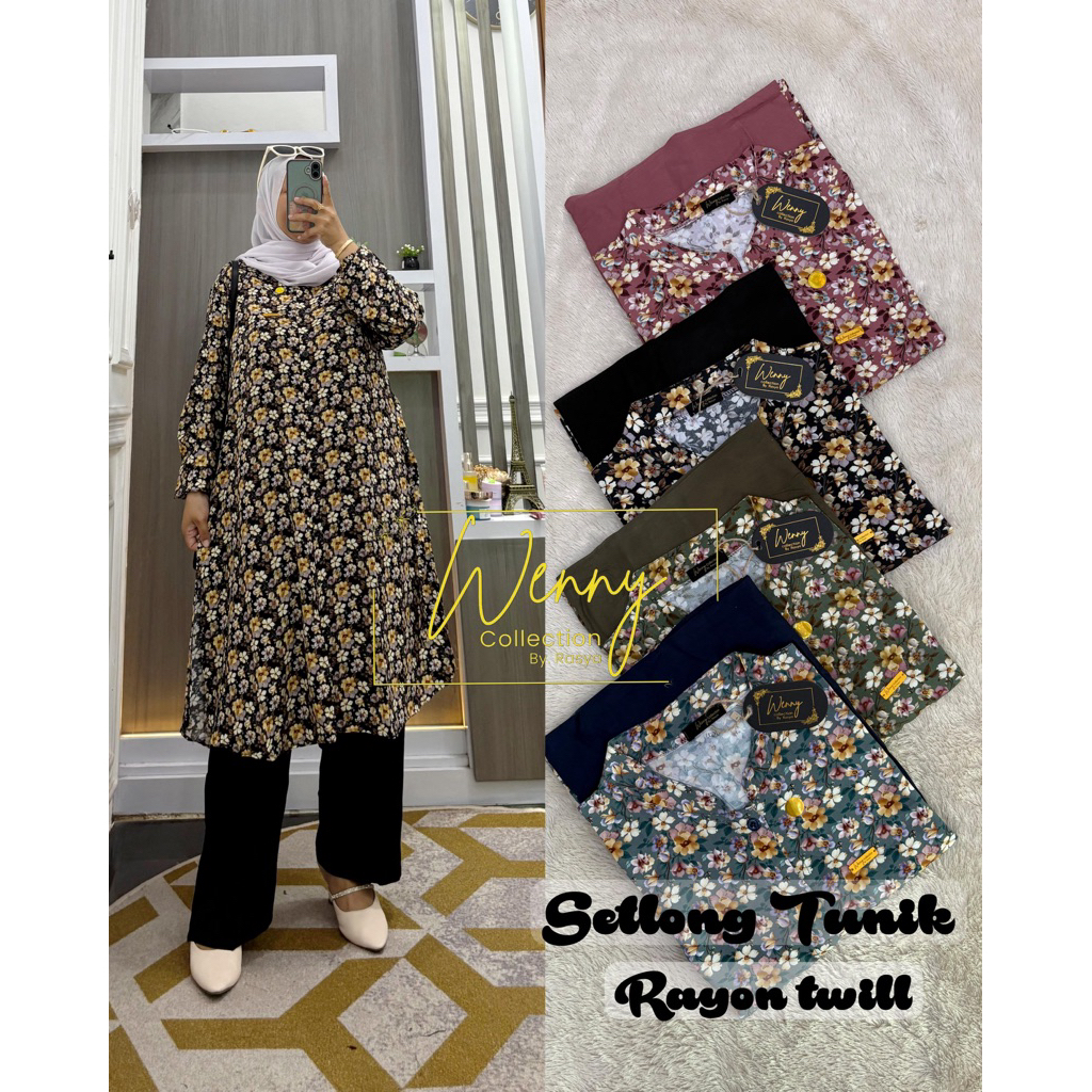 set tunik celana panjang bahan rayon twill setlong wenny motif bunga terbaru ld 120